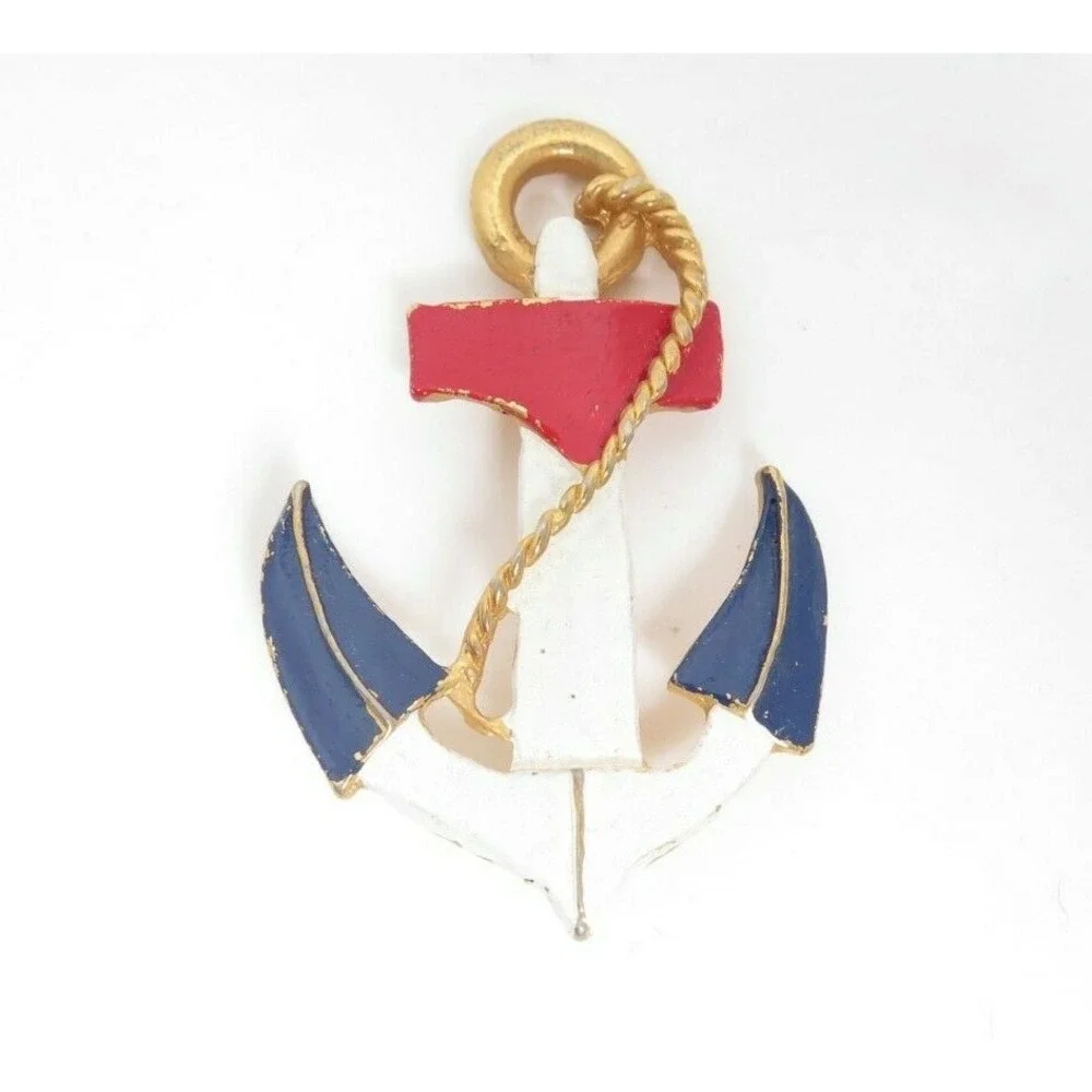 Vintage Signed LJM Red White Blue Enamel Anchor Gold‎ Plated Brooch Pin Pendant